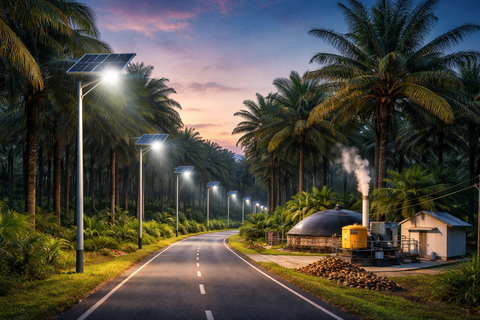 Oil Palm Project Involving Streetlights Powering Green Roads
